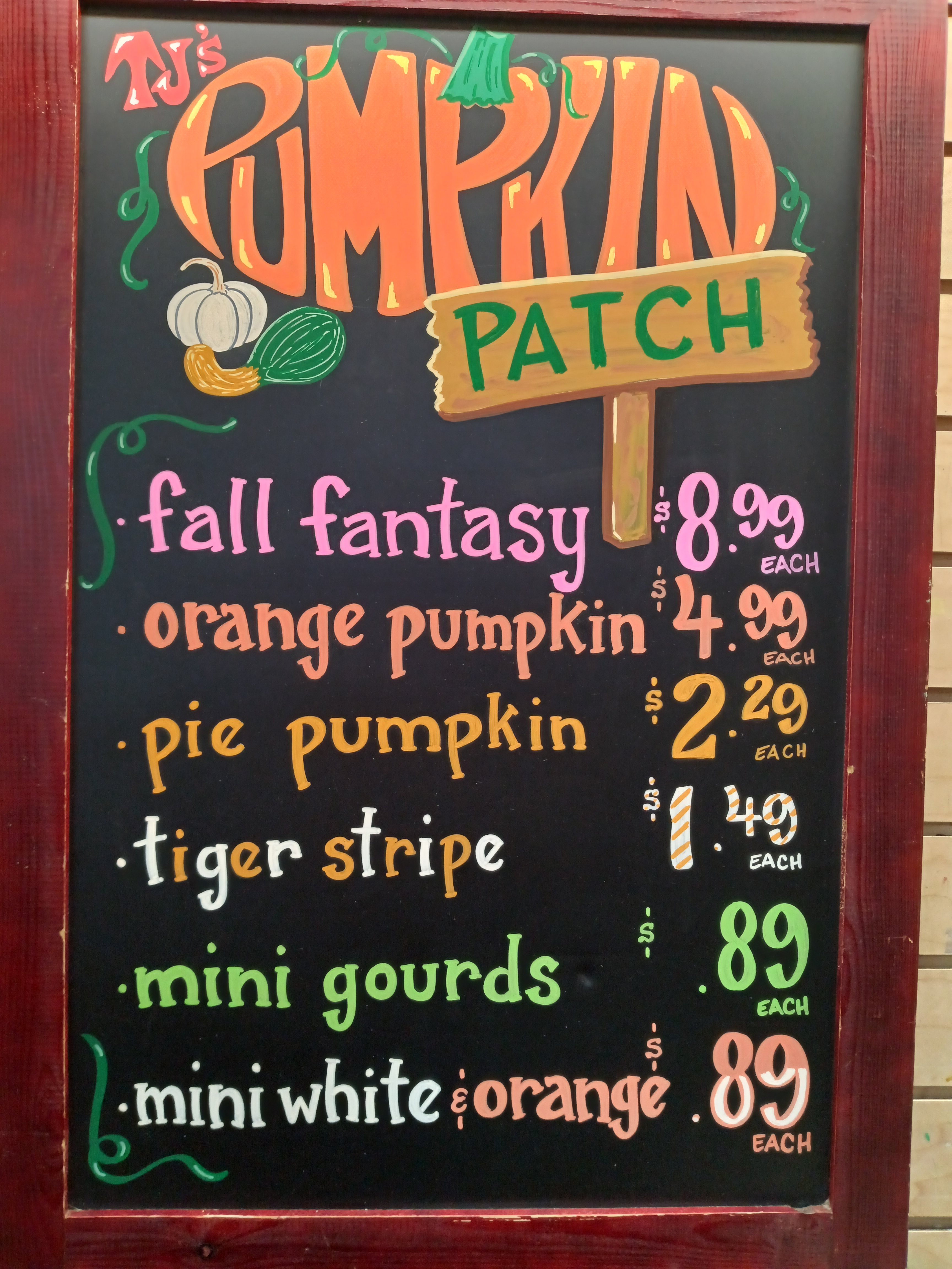 TJ's Pumpkin Patch — hand-painted commercial chalkboard